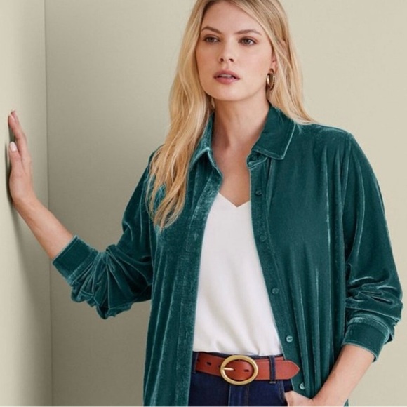 Soft Surroundings Velvet Boyfriend Tunic Shirt - Teal - Medium - Picture 4 of 13